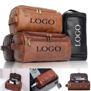 Vintage PU Leather Toiletry Bag with Hanger Hook